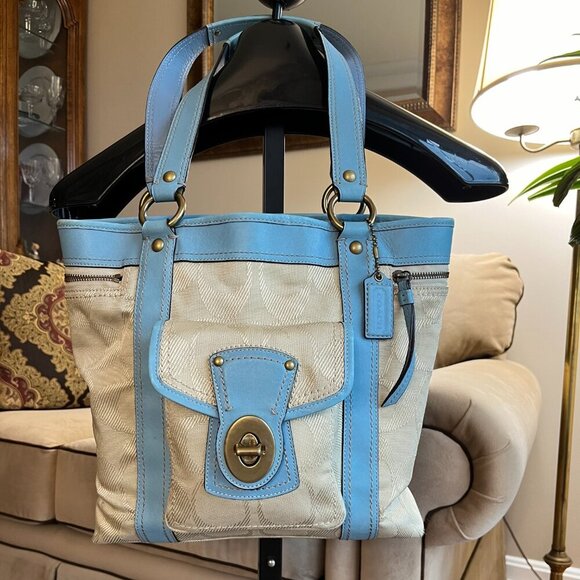 Coach Handbags - COACH  Tote Signature Jacquard & Blue Leather Trim Brass Hardware